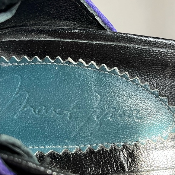 Max Azria Brie Black/Purple Combo Leather/Fur Strappy Peep Toe Heels Sz 38/7 GUC - Picture 5 of 16